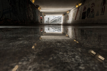 An atmospheric underground passage featuring a reflective floor and graffiti-adorned walls leads towards a staircase exiting to daylight.