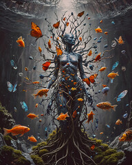 A painting of a woman with the roots of a tree with the roots of butterflies, 3d illustration