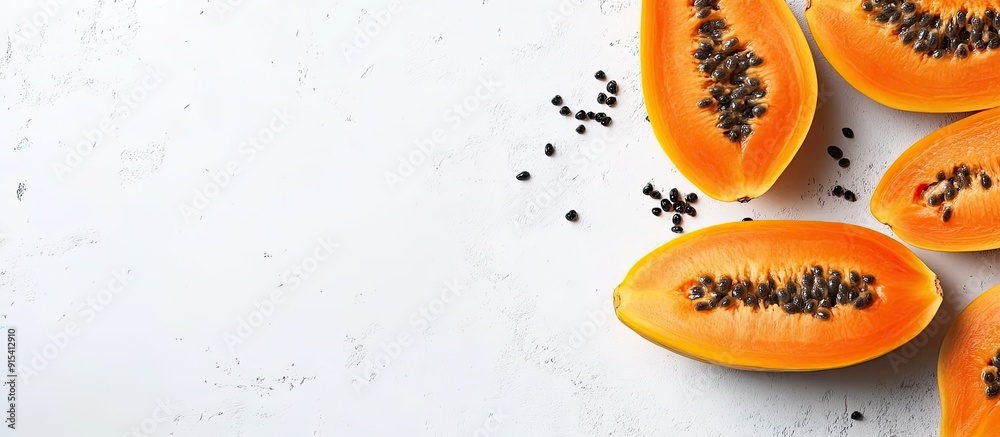 Poster Exotic fruits Top view of papaya on a white background with space for text. with copy space image. Place for adding text or design