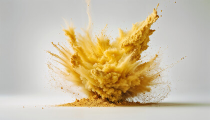 Vibrant Yellow Powder Explosion on White Background with Dynamic Burst, Colorful Particles, and High-Definition Energy for Bold and Impactful Visuals