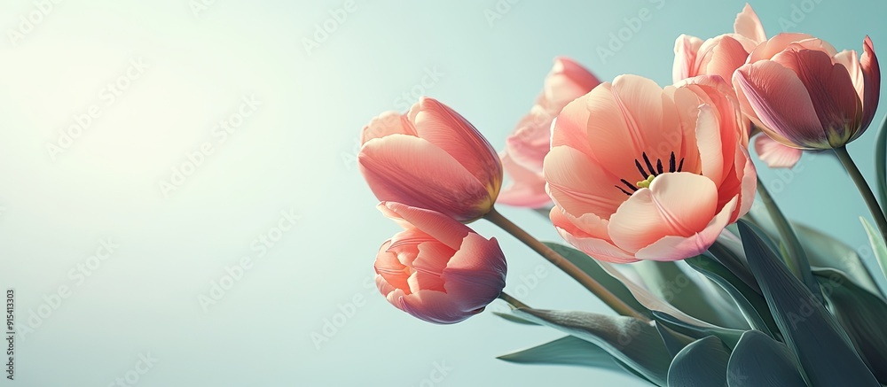 Poster Spring floral card featuring a bouquet of tulip and ranunculus flowers. with copy space image. Place for adding text or design