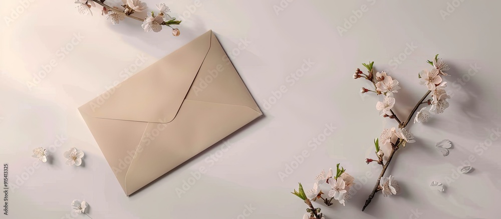 Fototapete Minimalistic card mockup featuring a cherry branch flower craft envelope blossom flat lay top view. with copy space image. Place for adding text or design