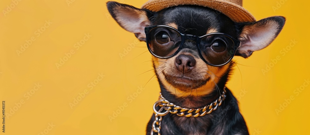 Poster portrait of an adorable chihuahua puppy wearing glasses a gold chain and a hat the small smiling dog