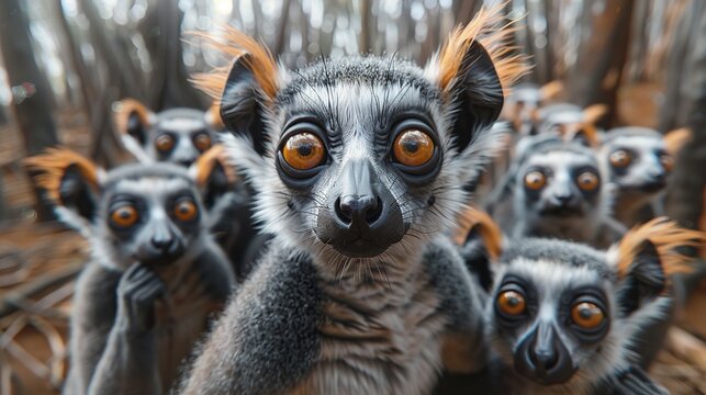 Group of Lemur Cattas close-up in the wild