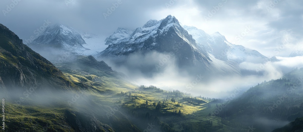 Aufkleber Fog covered mountain landscape. with copy space image. Place for adding text or design