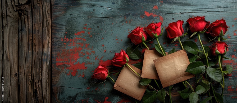 Poster Box of roses and a card on an aged wooden surface. with copy space image. Place for adding text or design