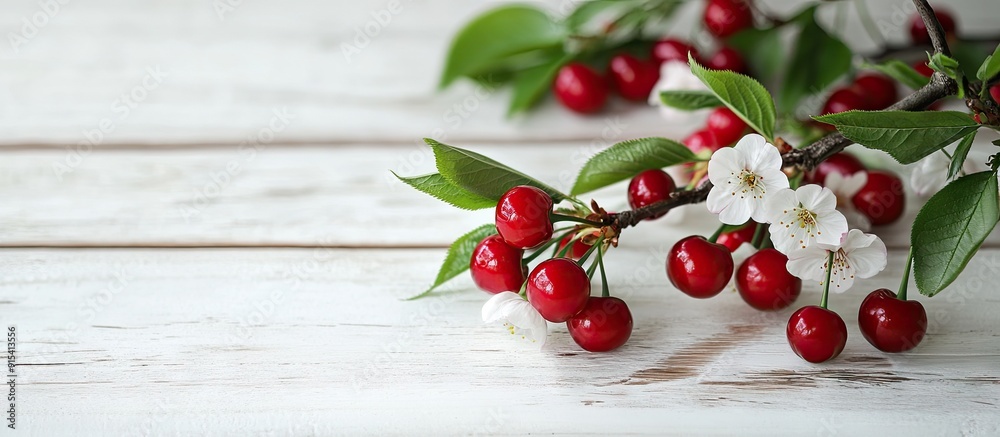 Leinwandbilder a branch of cherries with blossoms on a white wooden surface. with copy space image. place for addin