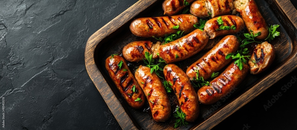 Poster Grilled sausages are mixed with herbs in a wooden tray Black background Top view. with copy space image. Place for adding text or design