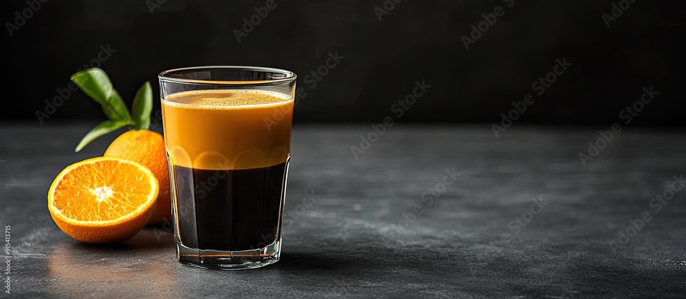 Poster a glass of delicious coffee alongside orange juice on a dark background. with copy space image. plac