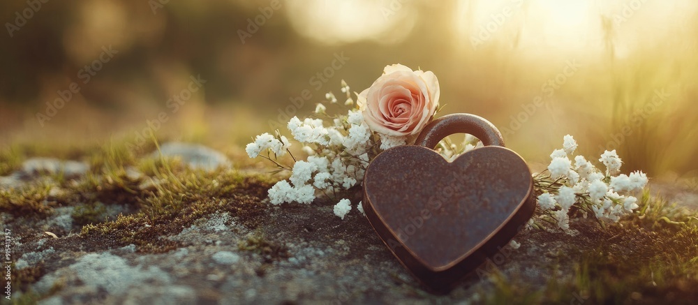 Poster wedding props heart shaped padlock boutonniere. with copy space image. place for adding text or desi