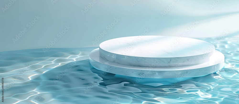 Poster empty white circular podium on transparent calm blue water with splashes and waves in sunlight abstr