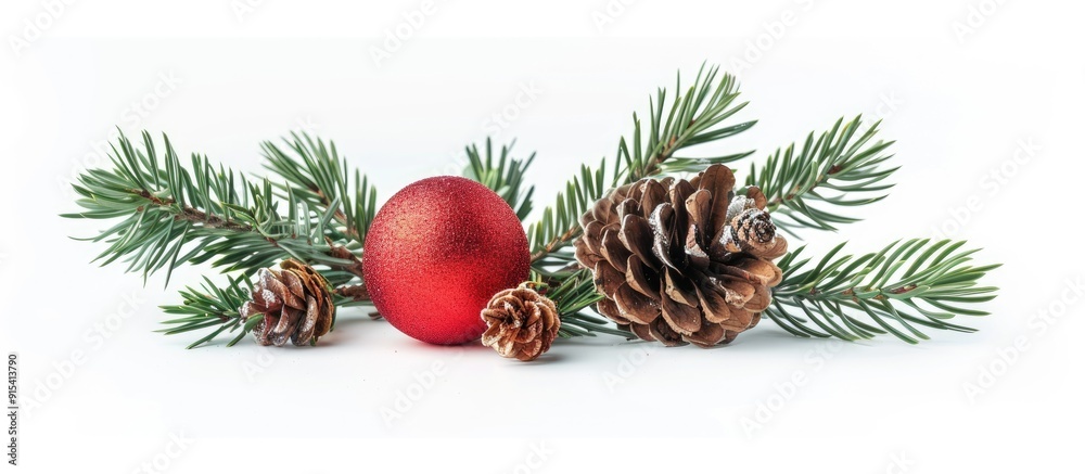 Poster Christmas tree ornament red ball alongside a fir cone and green spruce branch on a white background isolated. with copy space image. Place for adding text or design