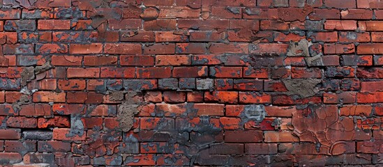 The wall consists of aged red bricks crafted from burnt clay featuring a vintage texture creating an urban backdrop. with copy space image. Place for adding text or design