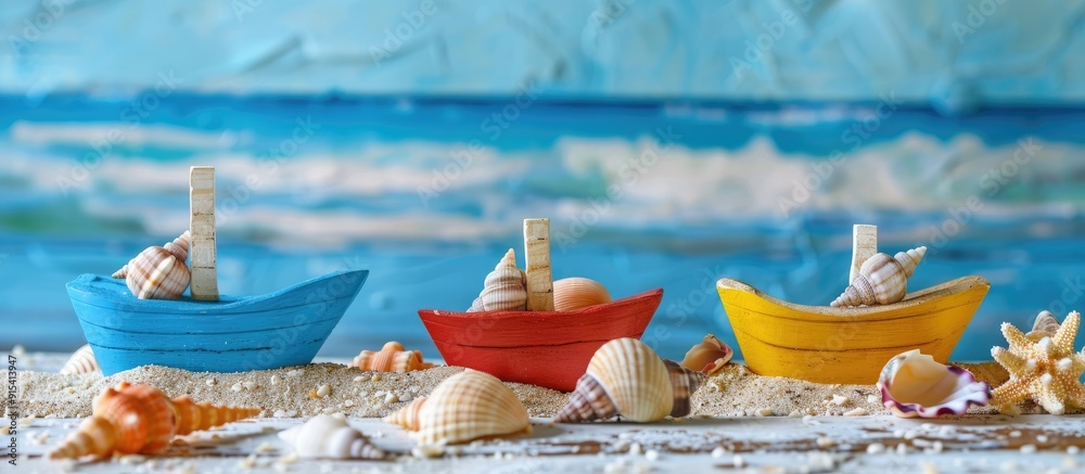 Aufkleber Toy ship and seashells on a blue wooden table. with copy space image. Place for adding text or design