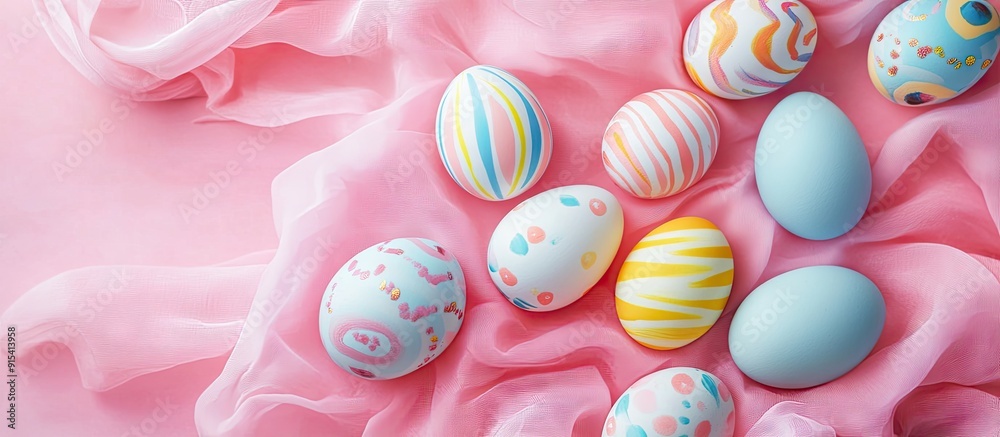Leinwandbilder colorful easter eggs on a pink fabric background top view flat lay. with copy space image. place for
