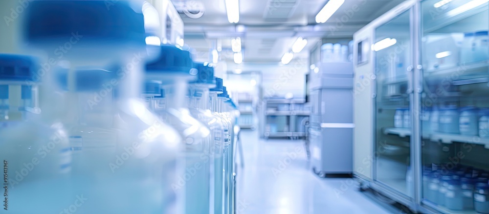 Aufkleber Blurred abstract background of an ultra low temperature freezer used for specimen storage in laboratory testing at a medical hospital. with copy space image. Place for adding text or design