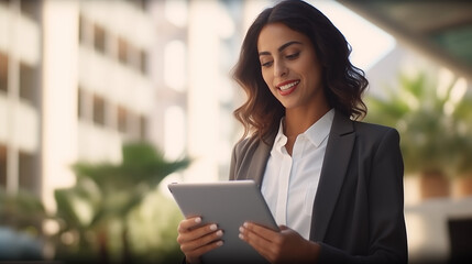 Smiling young middle eastern Israel businesswoman using tablet pc application for online remote work at office business building outdoors. Indian or arabic woman holding digital computer.