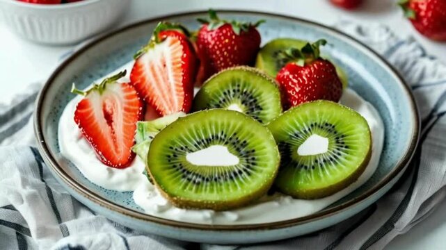 A bowl of strawberries and kiwi 