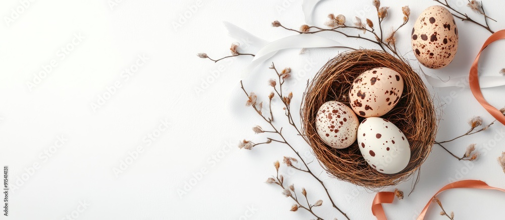 Poster easter eggs ribbons and a nest on a white background mockup card featuring plants invitation card wi