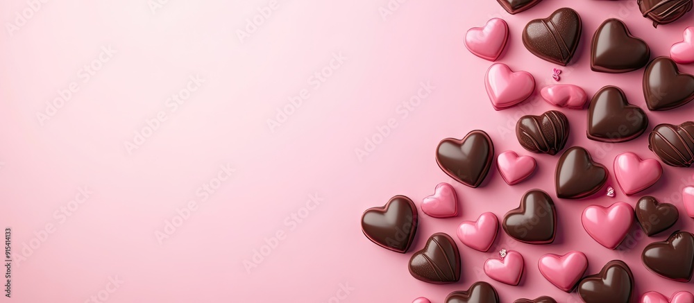 Poster Chocolate Hearts on a Pink Hearts Background. with copy space image. Place for adding text or design