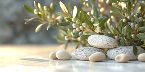 Tranquil Scene with Sage Twig and Smooth Pebbles on Sand