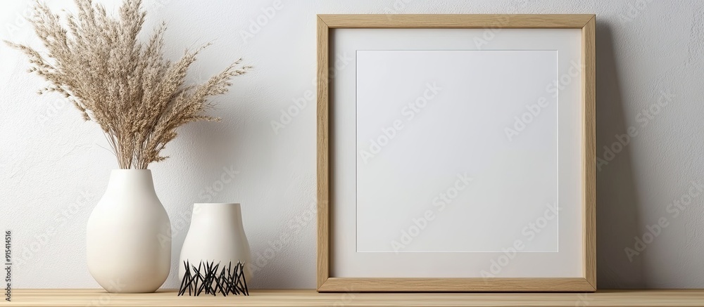 Leinwandbilder An empty photo frame and a vase with dry decorative spikes placed on a wooden table Design mockup. with copy space image. Place for adding text or design