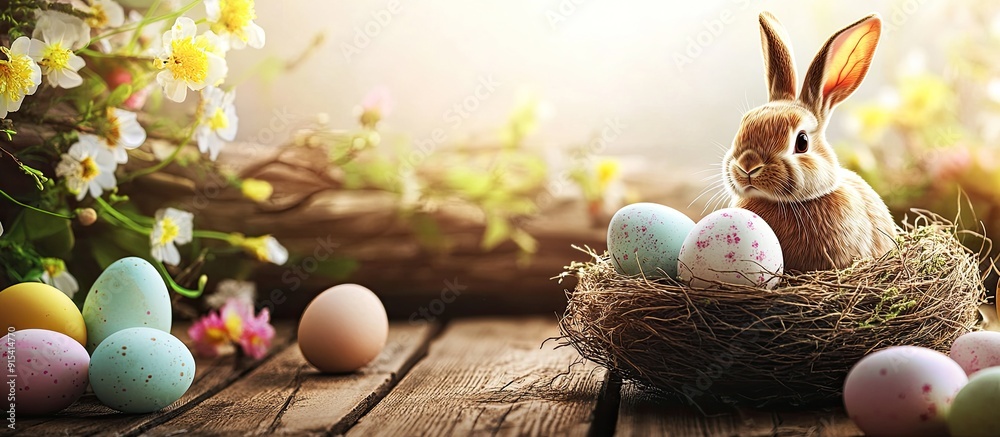 Poster easter card design featuring eggs a nest and a bunny on a wooden background with copyspace