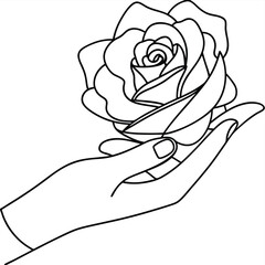 A drawing of a hand holding a rose flower, rose day line art drawing continuous outline vector minimalist design illustration 