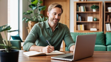 Man Working on Laptop and Taking Notes