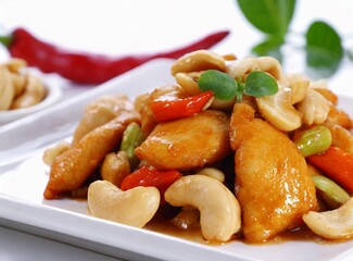 Thai food Stir fried Chicken with cashew nuts on white background