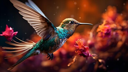 Fototapeta premium A hummingbird in mid-flight, delicately positioned over colorful flowers.