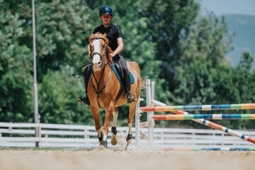 Young equestrian rider practicing show jumping on chestnut horse at outdoor equestrian facility,...