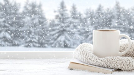 A warm and inviting setting features a cozy blanket, an open book, and a hot mug of coffee on the window sill, overlooking snow-covered trees