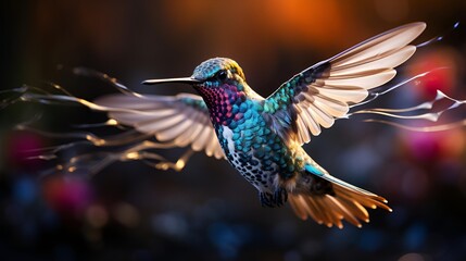 Obraz premium A hummingbird soaring through the air, wings outstretched.