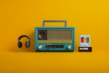 Fototapeta premium Vintage Radio with Cassette Tapes and Tape Players on Yellow Background
