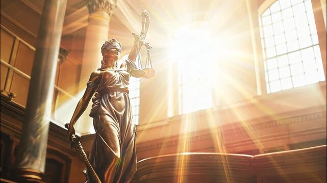 Full length statue of Lady Justice in the rays of the sun against the backdrop of the courtroom with copy space
