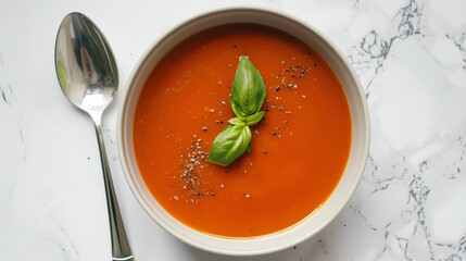 a simple bowl of creamy tomato soup, garnished with a single basil leaf, placed on a white marble surface with a silver spoon beside it 