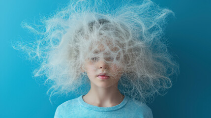 Young person with static hair standing against a blue background, emphasizing a humorous and electrifying effect.