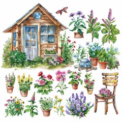 Obraz premium Watercolor little wooden house clipart, Summer Country House, Garden plants