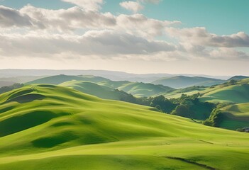 Obraz premium Vast green meadow at the foot of a mountain, stretching endlessly into the distance. 