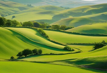 Vast green meadow at the foot of a mountain, stretching endlessly into the distance.
