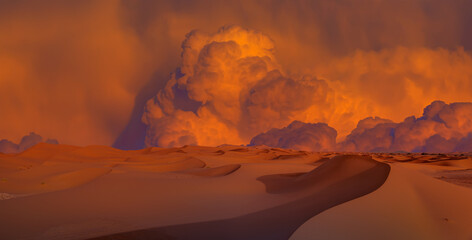 Sand dunes and sand storm in the Sahara desert - Hot and dry desert landscape © muratart