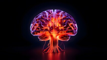  A glowing brain illuminated in the dark, showcasing intricate neural pathways and vibrant colors. 