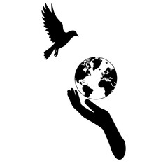 hands holding earth globe with bird 