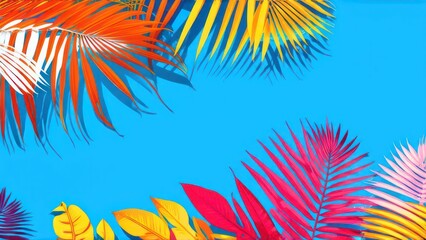 Obraz premium multi-colored palm leaves on the light background with space for text in the center