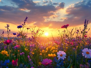 Beautiful Sunset over a Field of Wildflowers - Realistic Photo