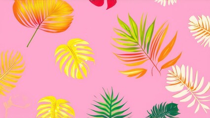 multi-colored palm leaves on the light background with space for text in the center