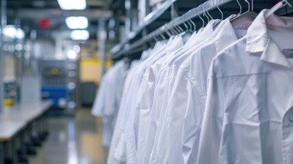 A neatly arranged row of white lab coats hanging in a professional wardrobe,