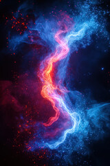 Versus background,  A dynamic splash of blue and red neon energy colliding in mid-air, surrounded by a dark backdrop. The energy forms intricate, swirling patterns, creating a