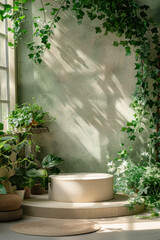 Home product background,  A contemporary blank presentation podium is set before a wall of various house plants. The setting is cozy and inviting, with soft green hues and subtle